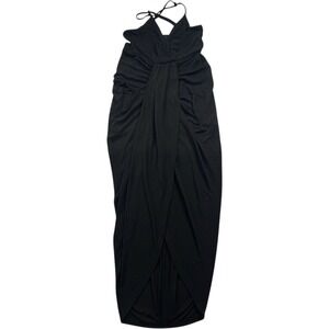 Lulus Black Halter Draped Tulip Skirt Midi Dress MD2341L Womens Large NWT